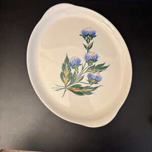 Vintage Ceramic Oval Platter With Hand-Painted Blue Floral Purple Clover Design